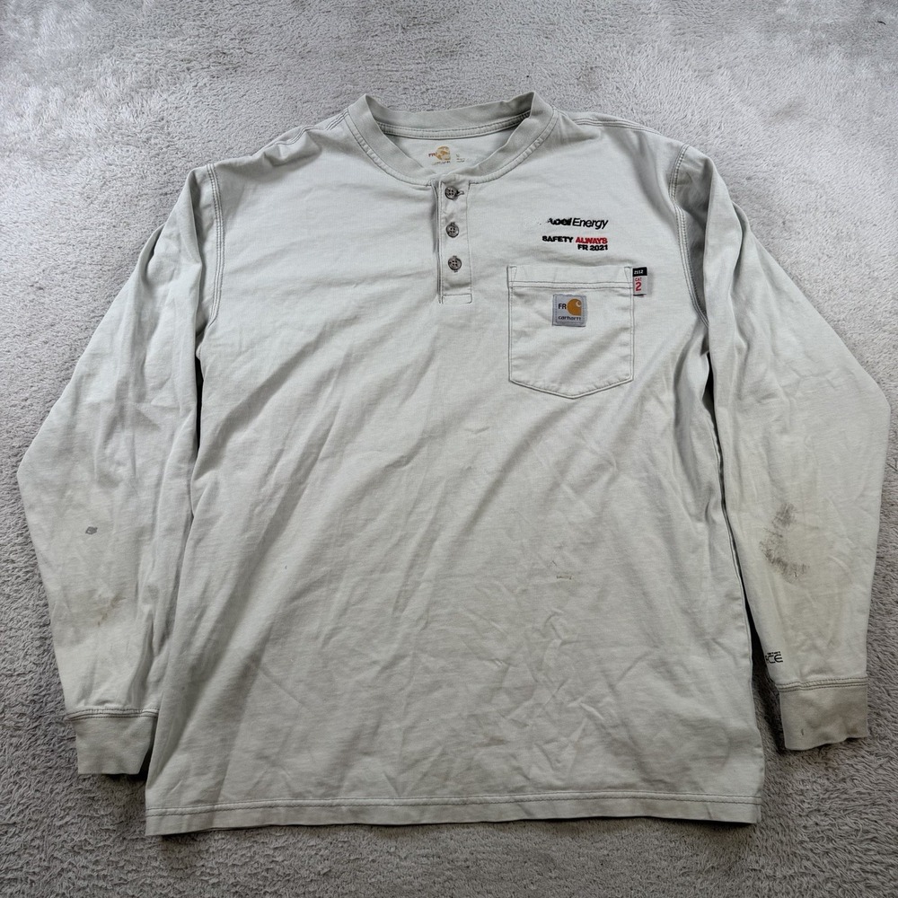 Carhartt FR Shirt Mens Medium Beige Flame Resistant Henley Workwear Long Sleeve